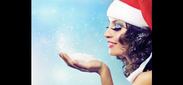 girl surrounded by fake falling snow